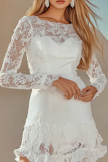 White Lace Appliques Boat Neck Long Sleeves Short Graduation Dress